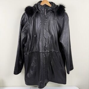 Knoles & Carter Downtown Black Leather Coat XL Fur Trim Hood Italian Lambskin